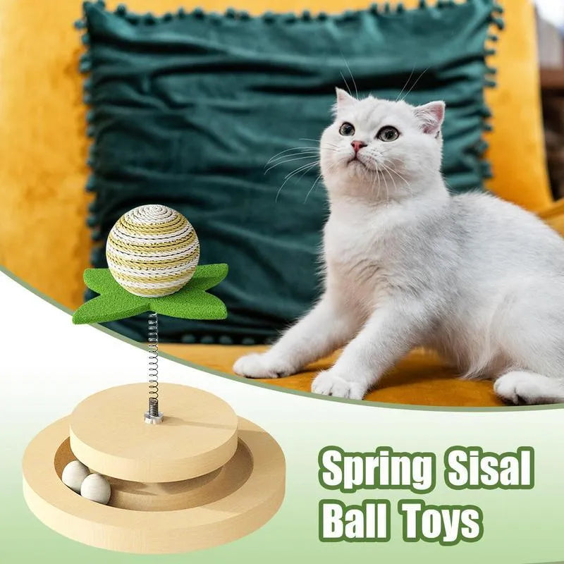 Green sisal cat toy with two-layer ball track and rotating spring ball mechanism