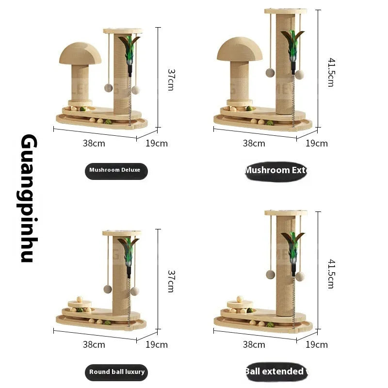 Solid wood cat scratching post with a central rotating turntable in a natural finish.