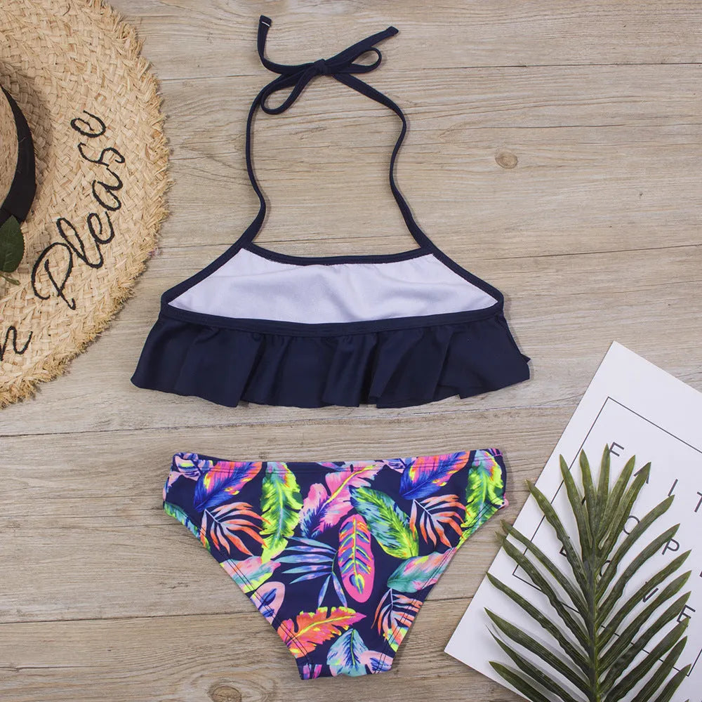 Feather printed lace up bikini set in high elasticity polyester for girls swimming