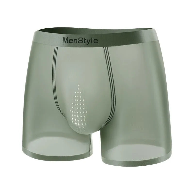 Men's satin ice silk seamless boxer shorts in mid-waist style, shown in dark grey colour.