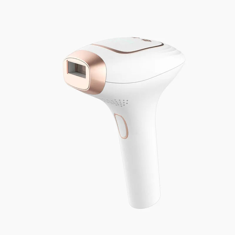 Three-in-one ice-sensing laser hair removal device in pink and white colours with shaver accessory