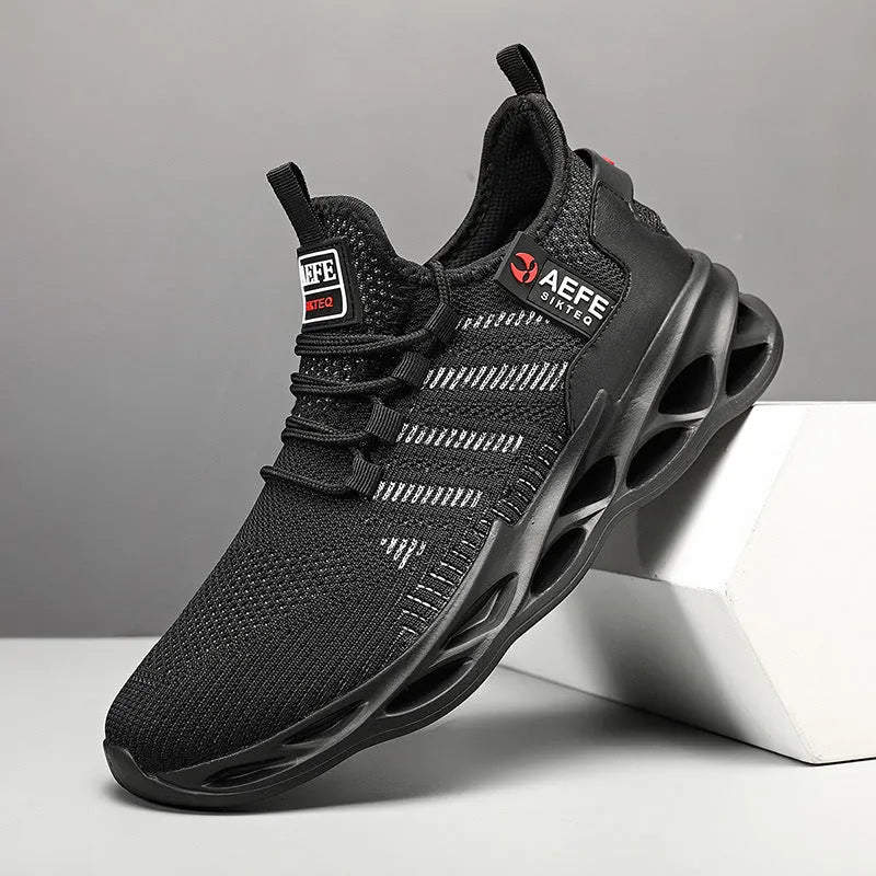 Men's mesh running shoes in black colour with lace-up front and low-top design