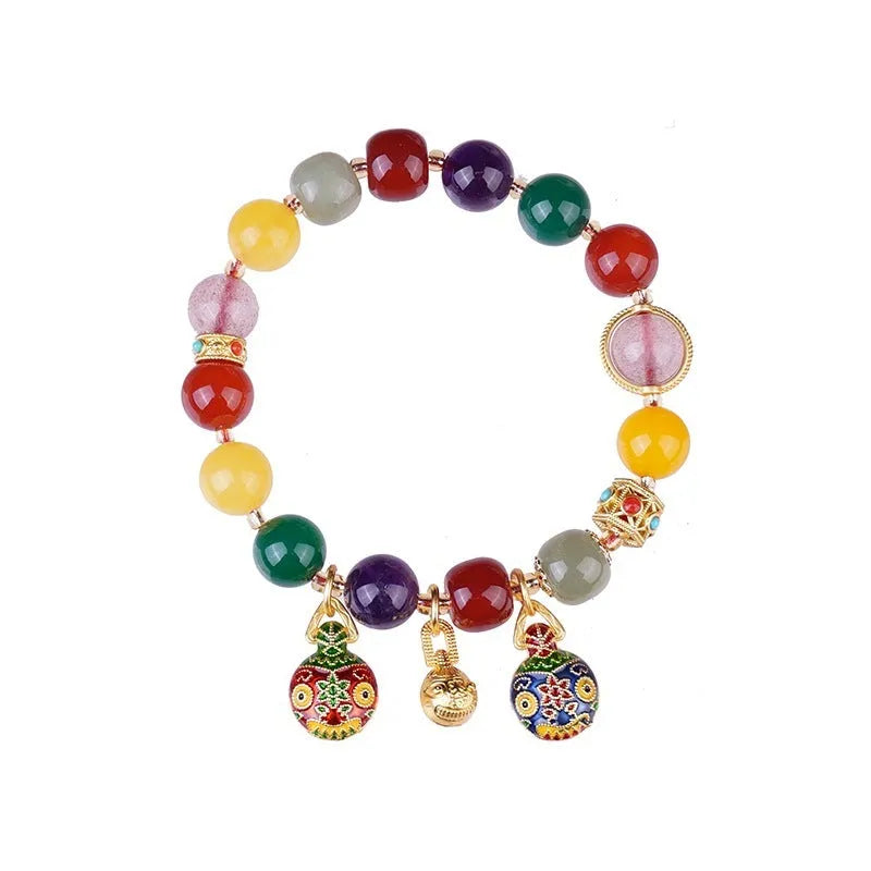 Hand-woven agate bracelet with gold and red Swallowing Gold Beast design on 10mm beads