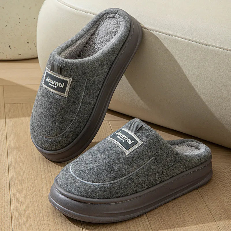 Men's grey and brown suede slippers with a thickened sole for larger foot sizes.