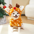 Elk-themed fleece-lined red Christmas costume on a medium-sized dog