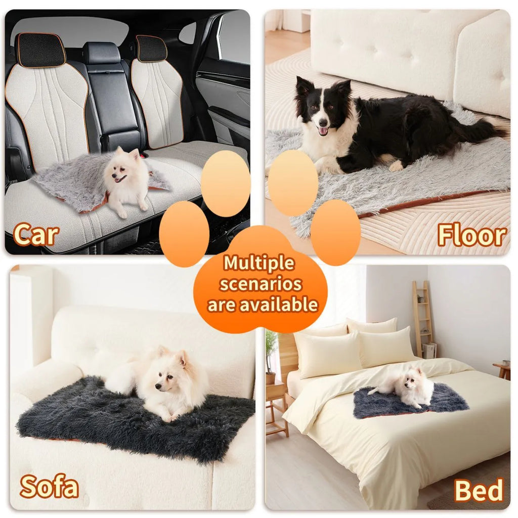 Grey velvet and plush pet blanket on a sofa, showing its size and texture.