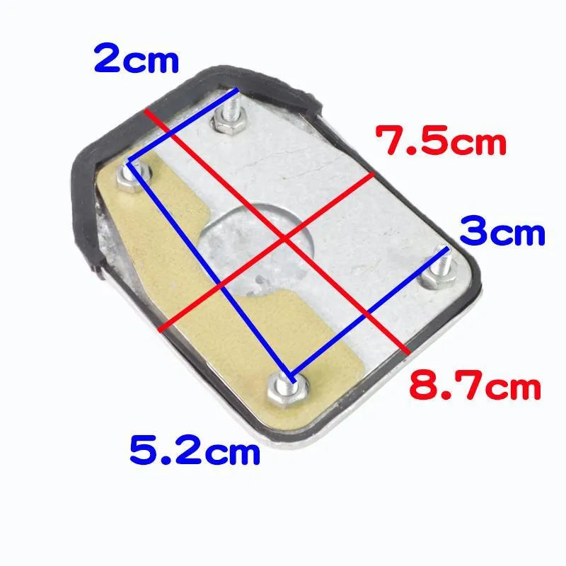 Metal motorcycle brake pedal skid plate replacement part shown in three design variants.