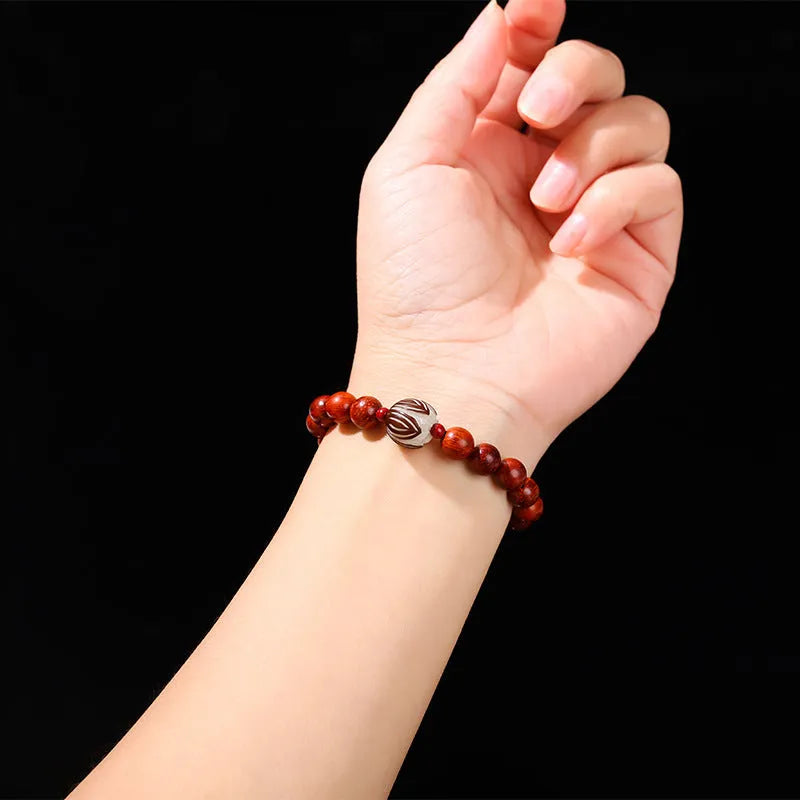 Chinese style red rosewood and gray jade bracelet with Bodhi Lotus design and 8 round beads.