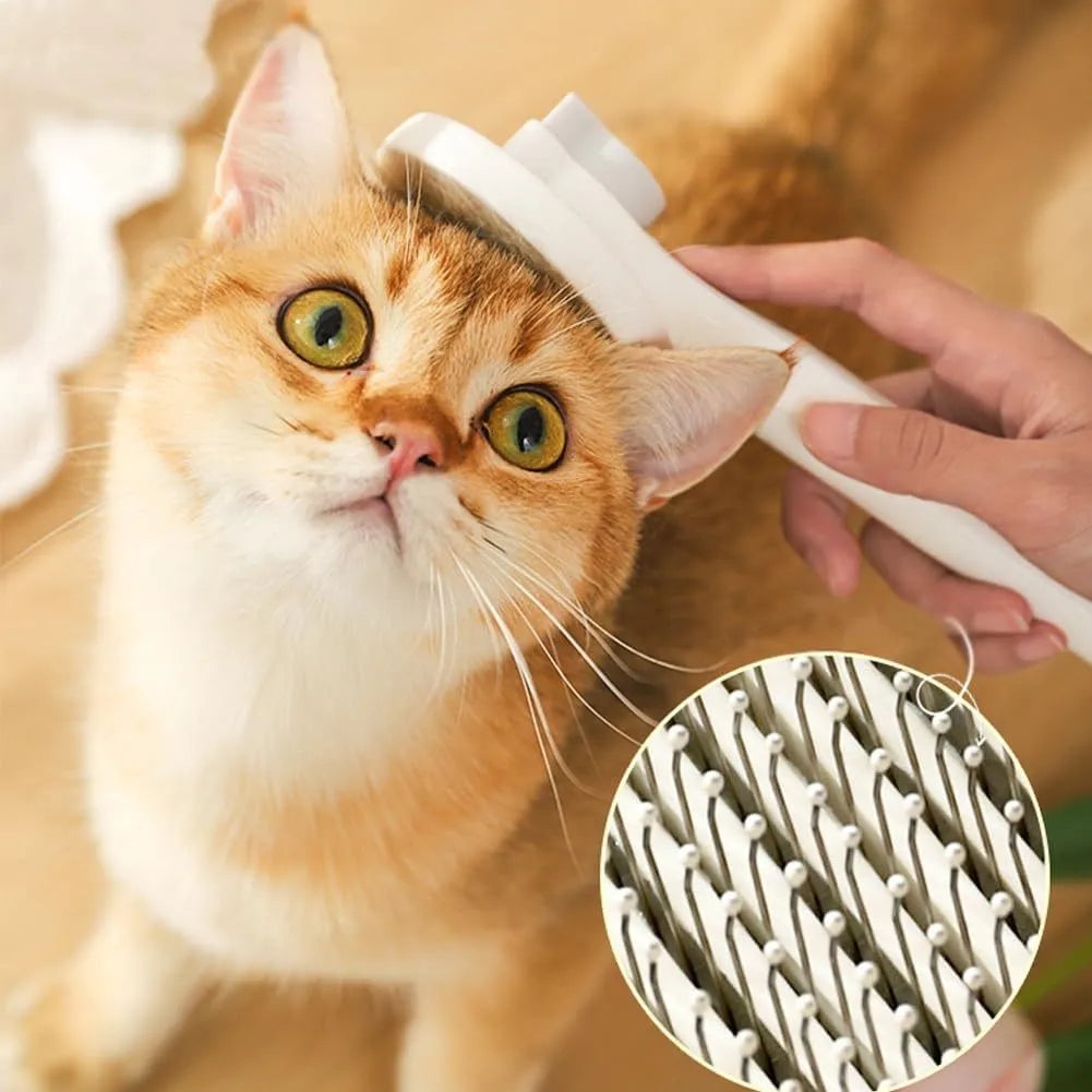 Self-cleaning cat grooming brush with blue rubber handle and metal bristles