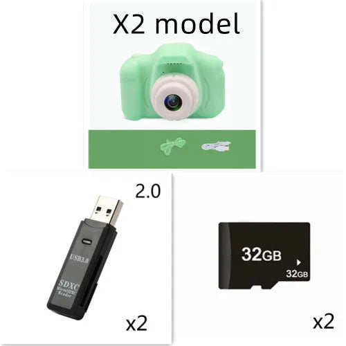 X2 HD mini cartoon kids digital camera in silicone body with 2-inch screen and lanyard.