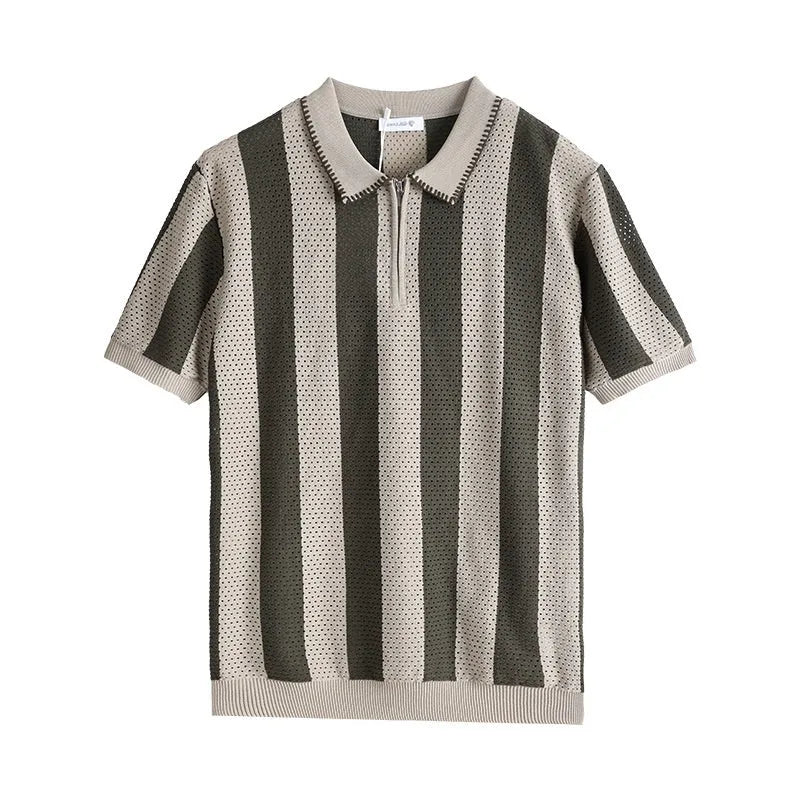 Men's short sleeve ice silk viscose sweater with stripe pattern and zipper decorations in multiple colour options