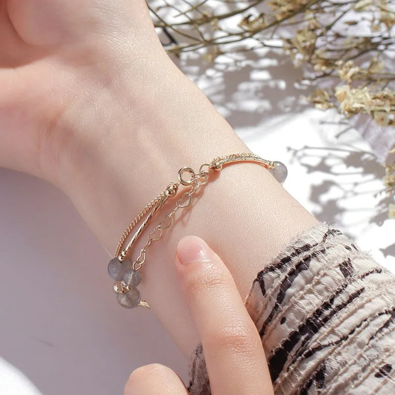 Double layer crystal bracelet with moonstone accents and electroplated copper finish in South Korean style