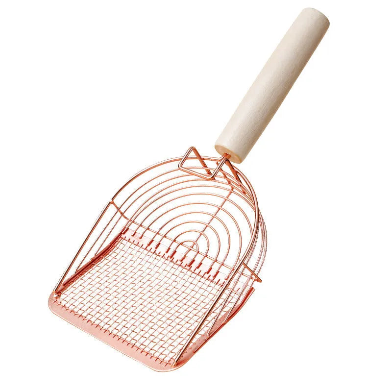 Stainless steel cat litter shovel with wooden handle showing screen filtration area and sharp edges