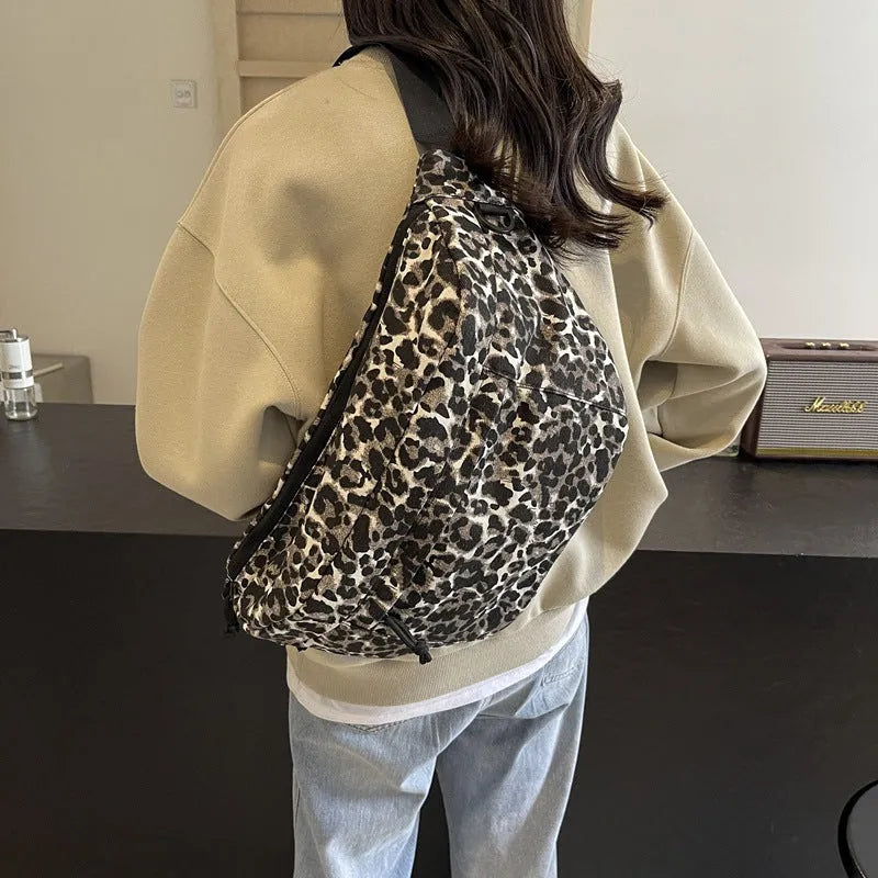 Retro canvas chest bag with leopard print and patchwork design, soft construction, available in multiple colours