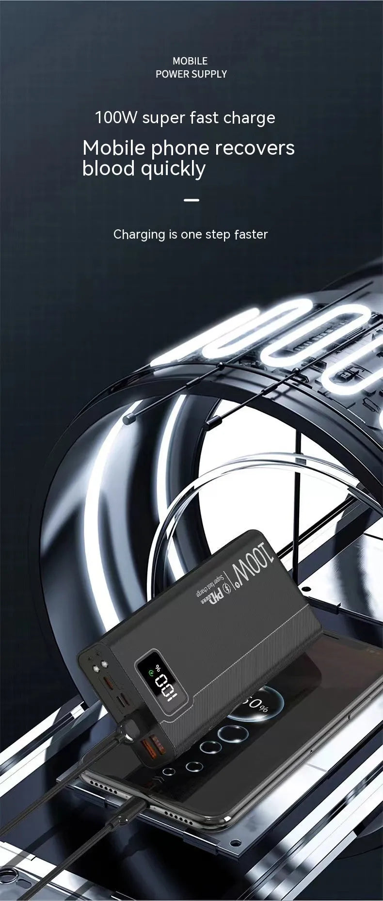 Black and white large capacity portable power bank with fast charging, showing size scale.