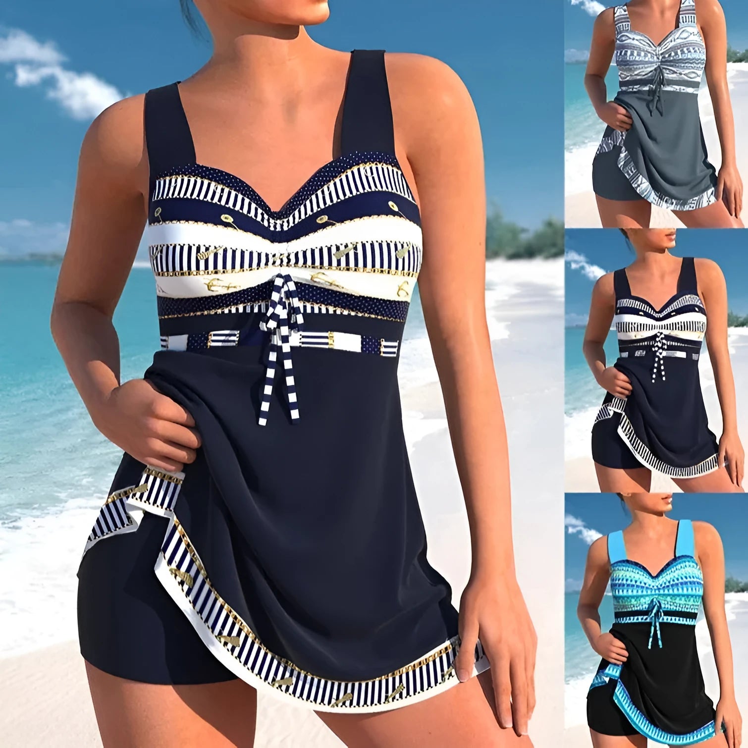 Plus size women's quick-drying polyester swimsuit set in split skirt bikini style with briefs