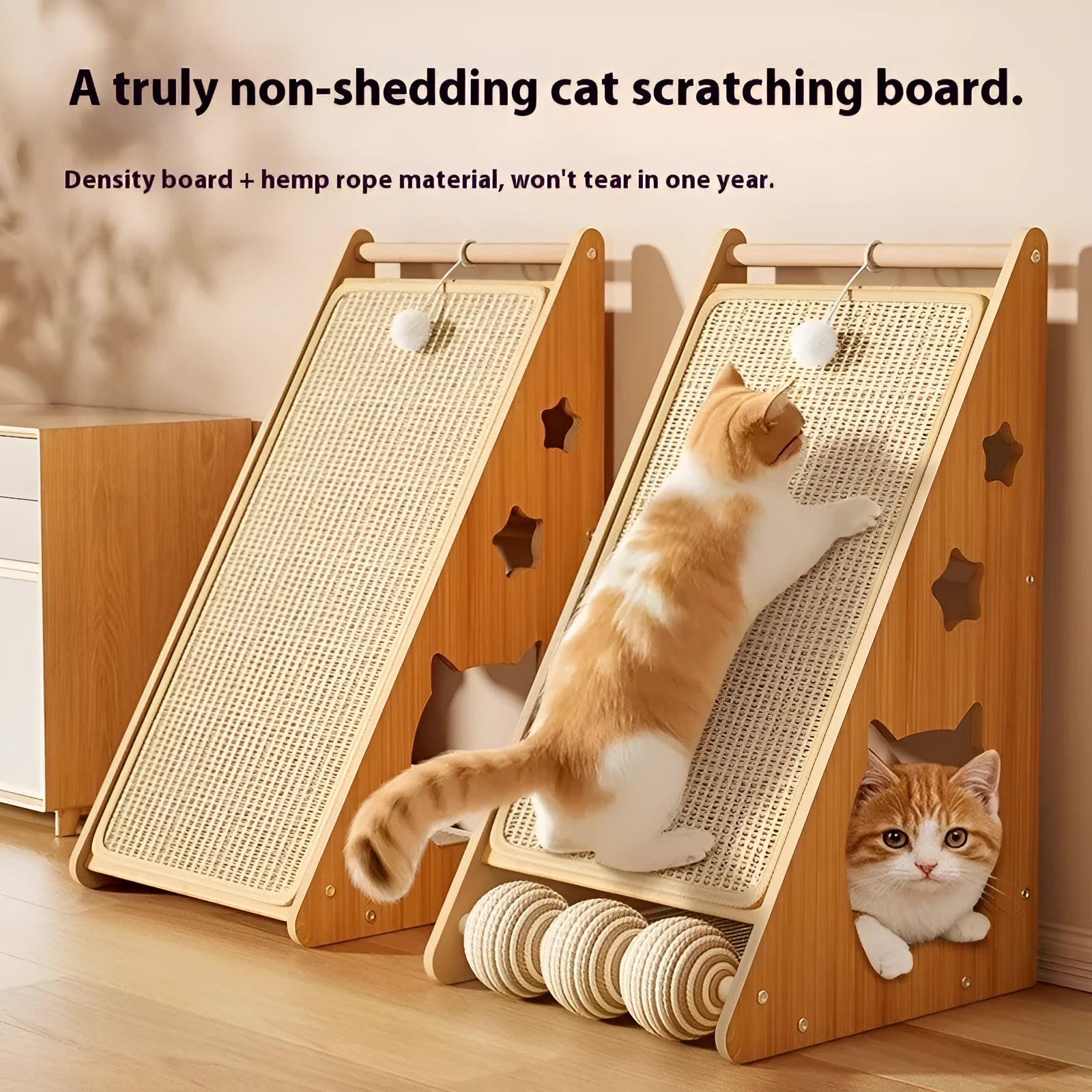 Vertical wall-mounted cat scratch board with sisal surface and a dangling jute rope tease ball.