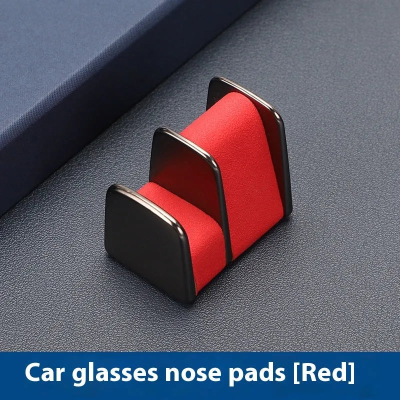 Zinc alloy car dashboard sunglasses holder with leather strap in black, green, grey, or red.