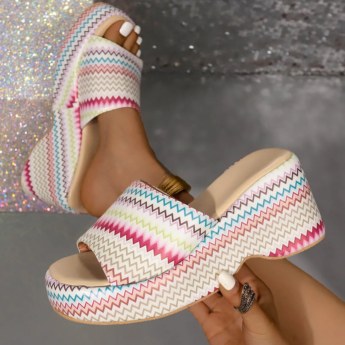Women's colourful wave print wedge sandals with a thick rubber sole and fish mouth toe.