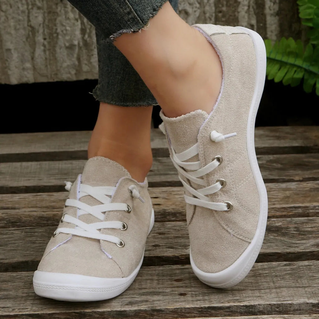 Women's creamy white fabric casual sneakers with rubber sole, low-top design