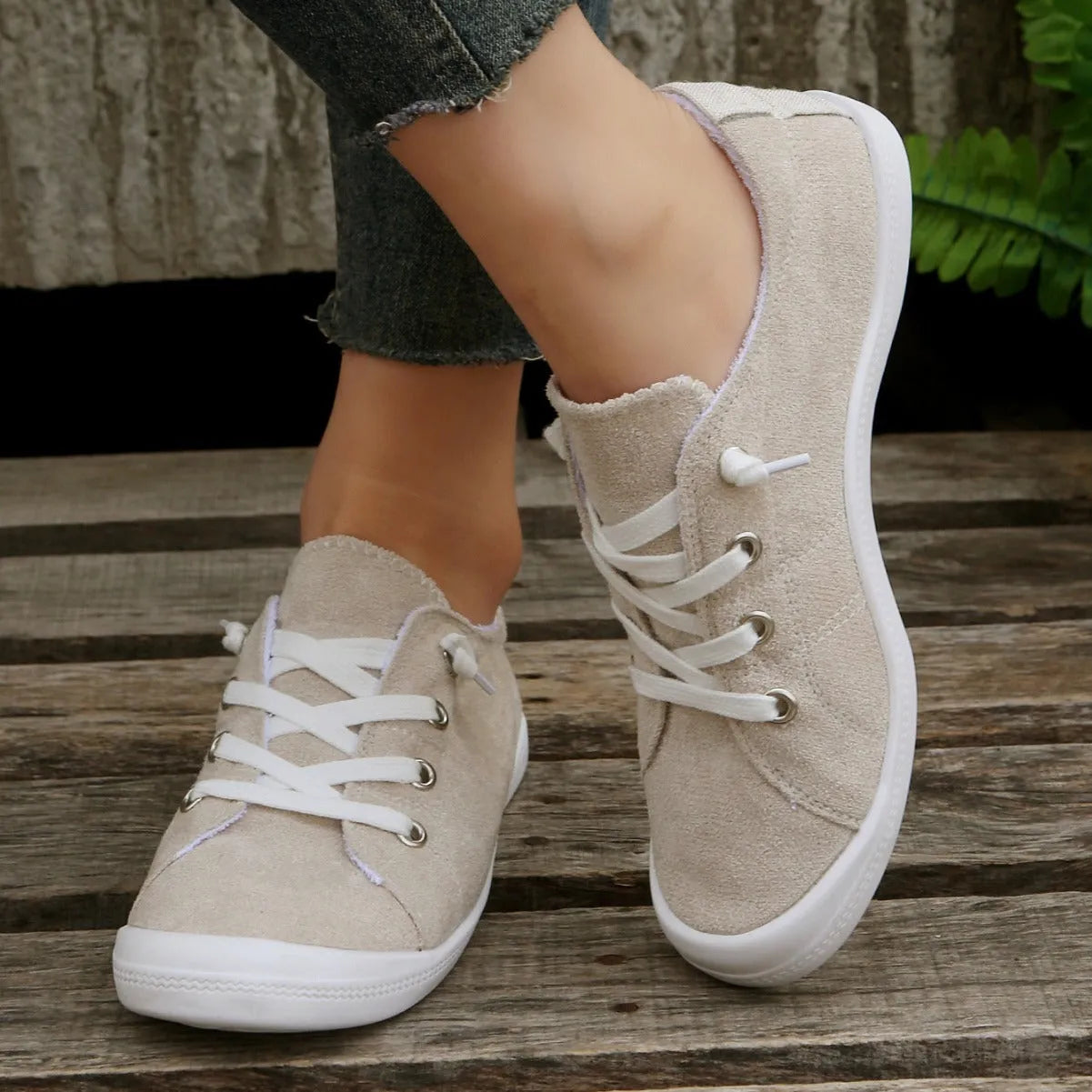 Women's creamy white fabric casual sneakers with rubber sole, low-top design