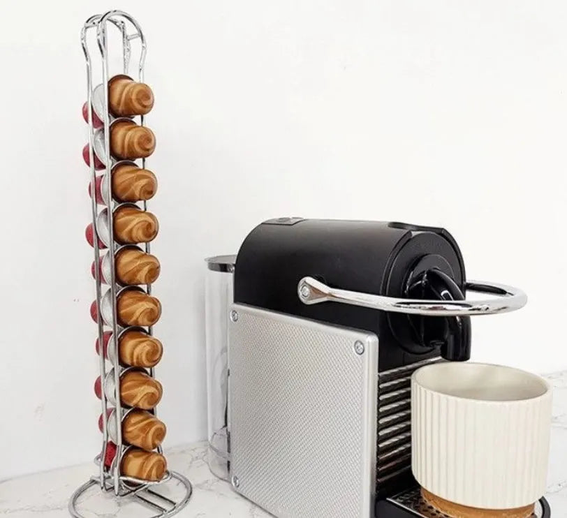 Wrought iron coffee capsule storage rack with capacity for 20 pods in silver or black finish