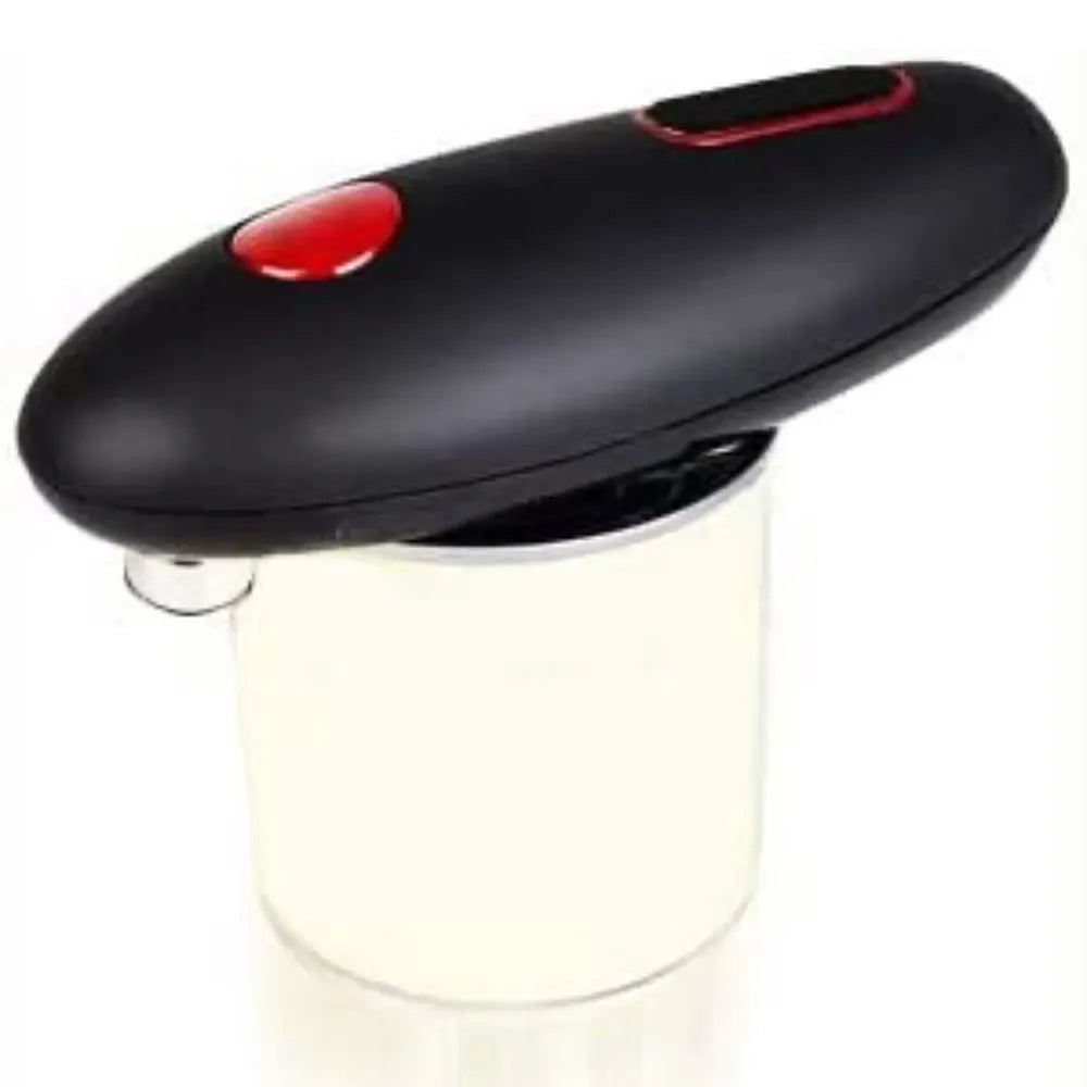 Black electric can opener with compact plastic design for hands-free opening