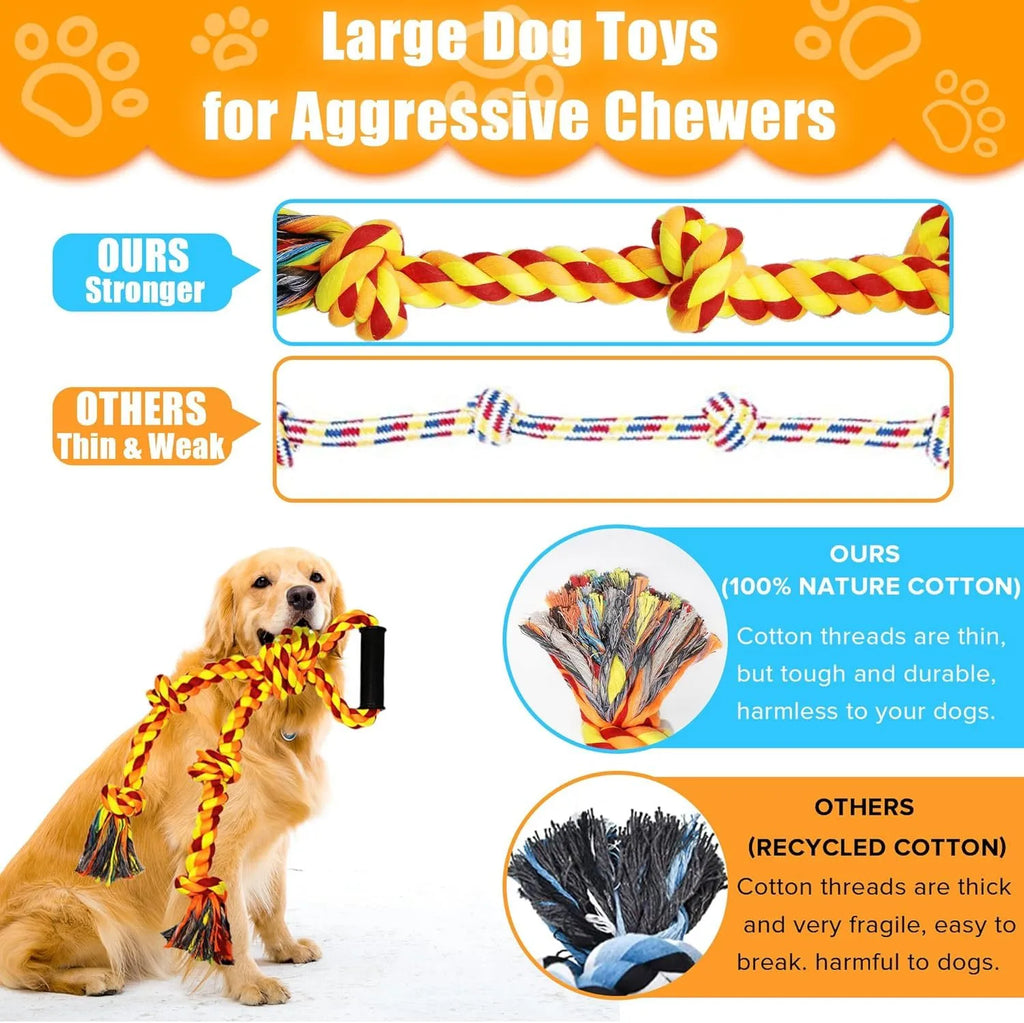 Blue and yellow durable cotton dog rope tug toy with ergonomic handle for large breed aggressive chewers
