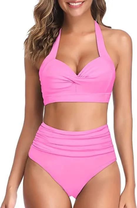 Women's split bow bikini swimsuit on a white background showing colour options