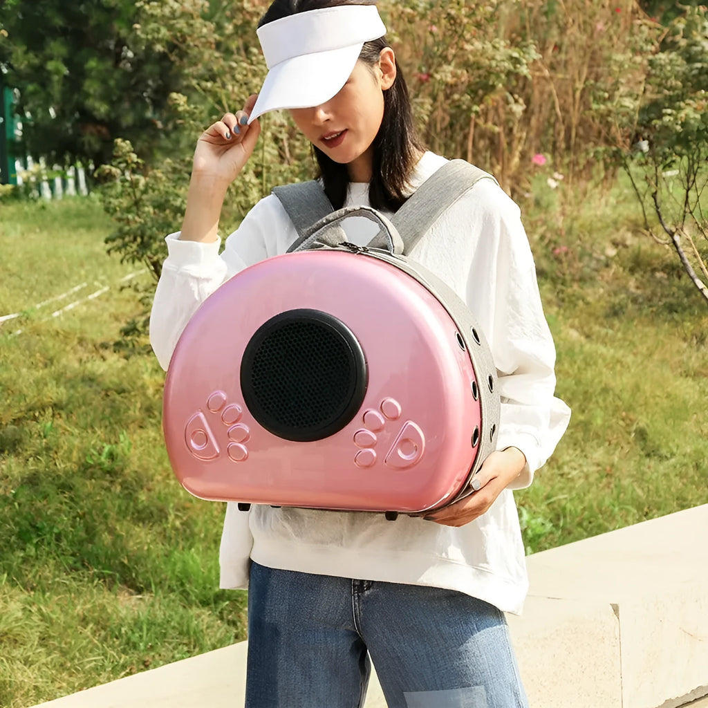 Transparent space capsule cat carrier in metallic colour options with PC canvas construction