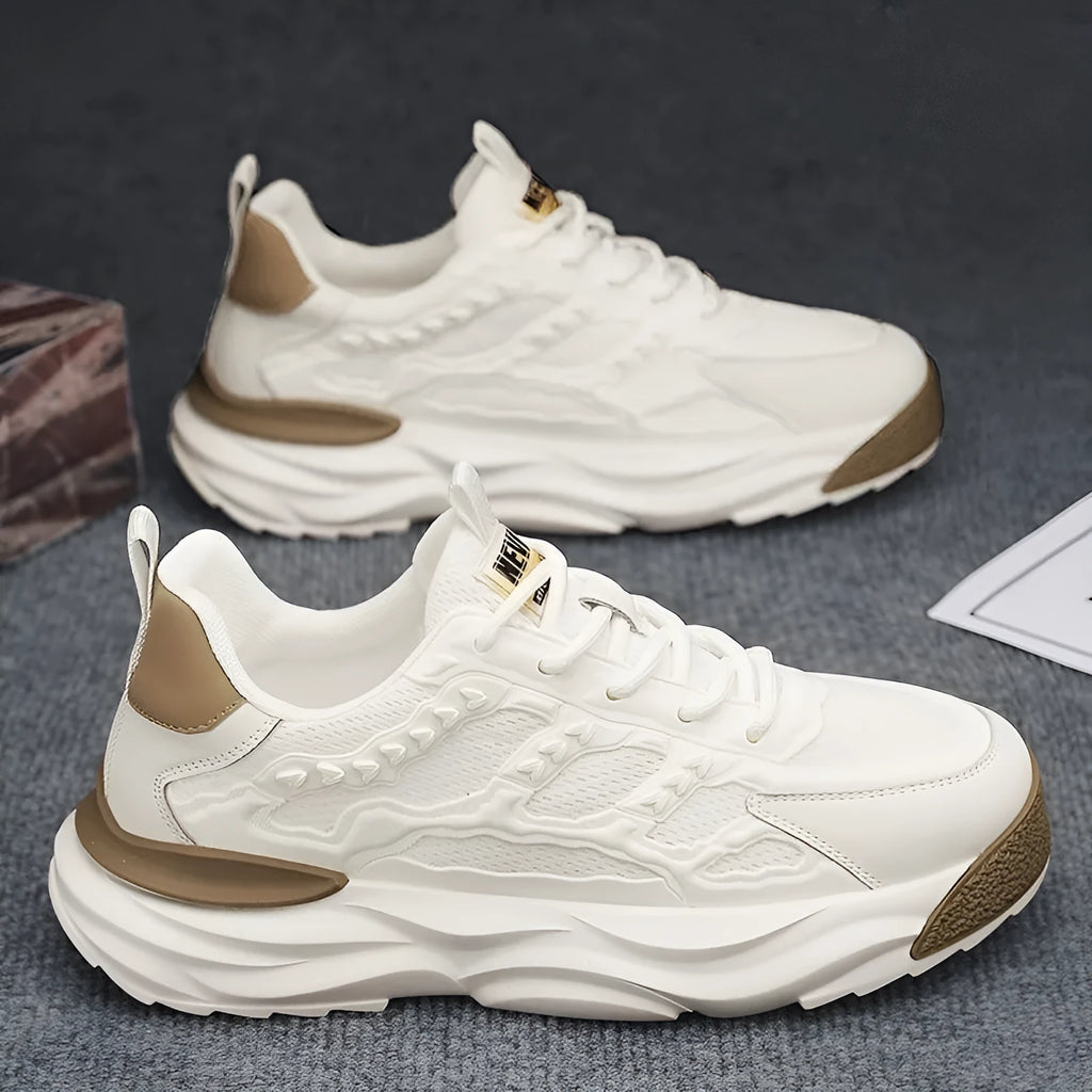 Men's solid colour breathable mesh trainers showing round toe design in white and black options