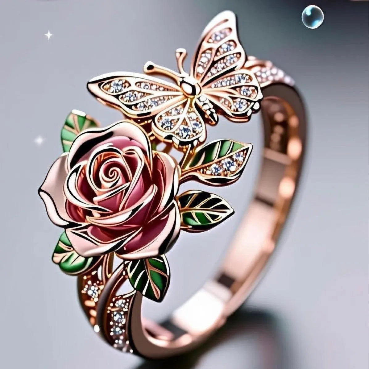 Adjustable butterfly personality ring with colourful oil drip treatment and floral insect leaf design