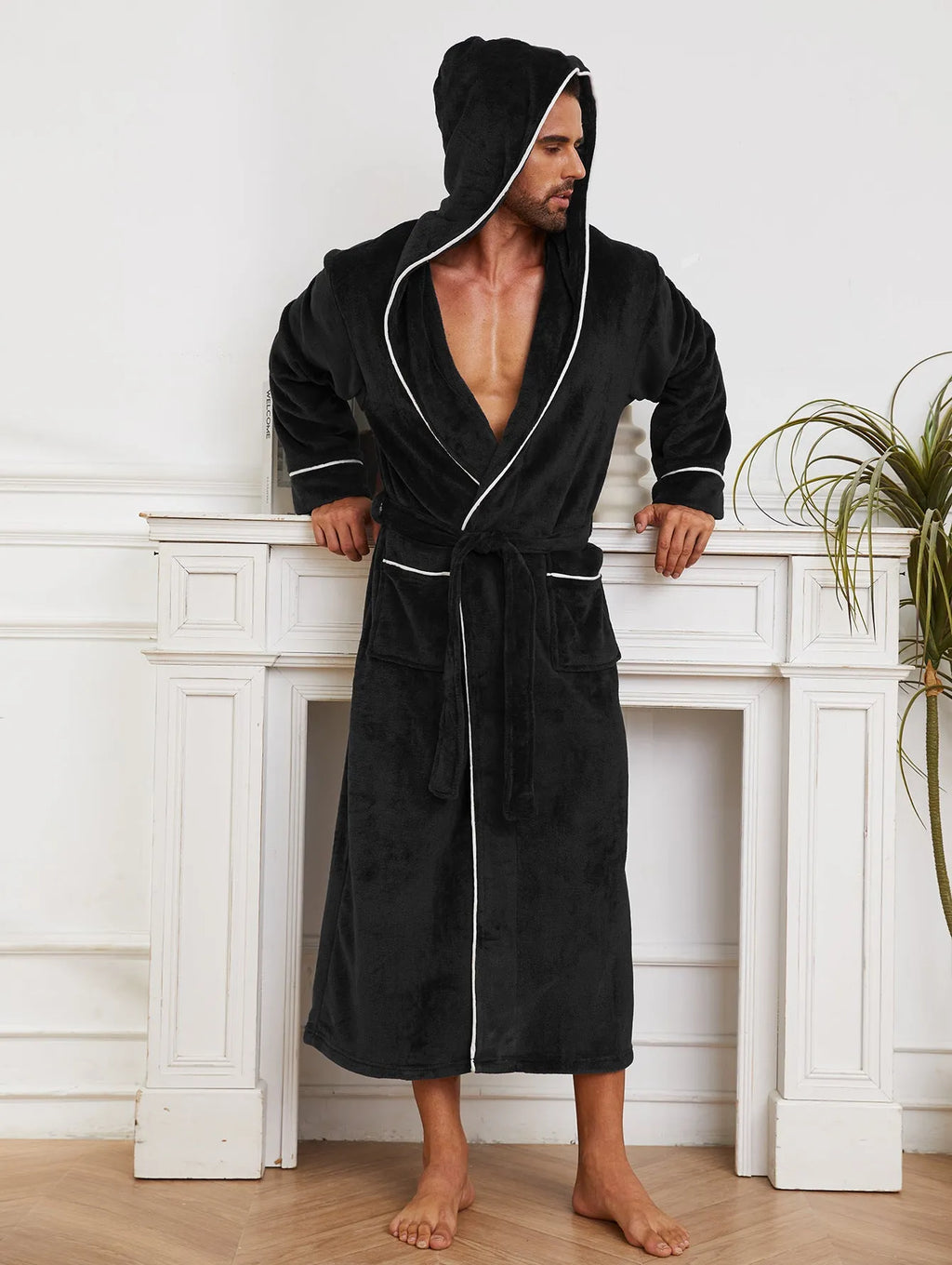 Men's flannel fleece bathrobe in light grey hanging on hook, European/American style