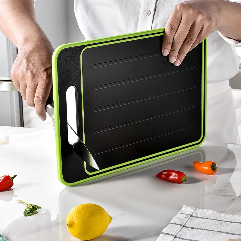 Grey square aluminium cutting board with integrated knife sharpener and grinding teeth