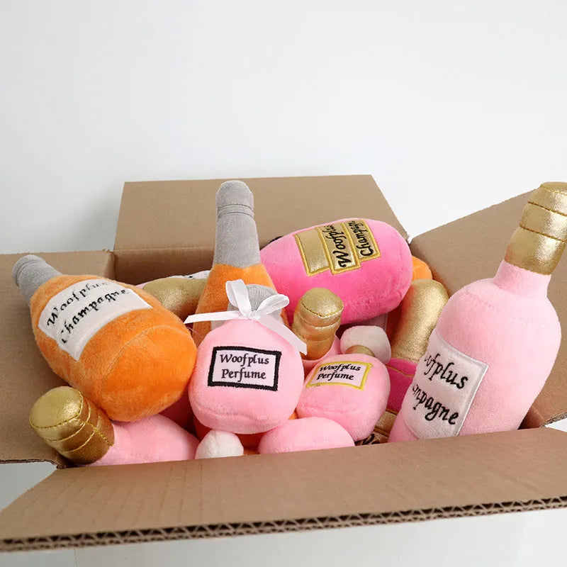 Plush wine bottle shaped dog toy with squeaker in multiple colour variations