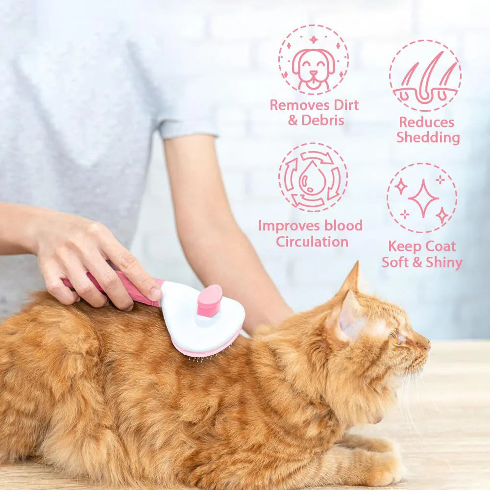 Blue cat grooming brush with a release button for removing loose fur and tangles