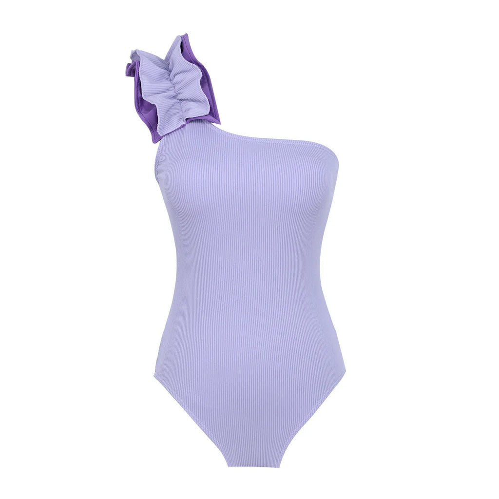 Women's single-shoulder suspender tube top one-piece swimsuit in high-waisted polyester design