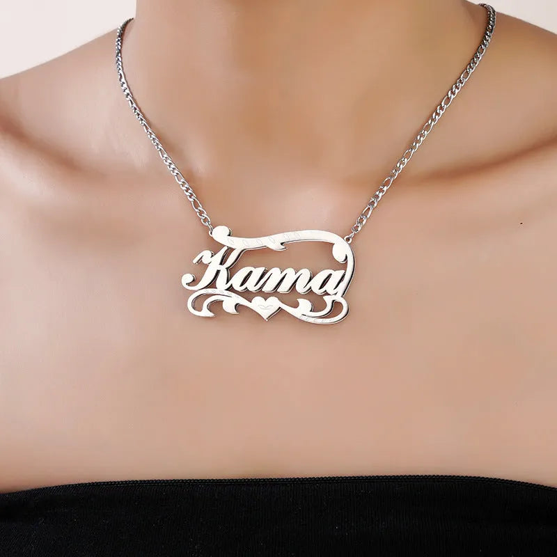 Gold personalised stainless steel necklace with a double-layer wave heart pendant engraved with a name.