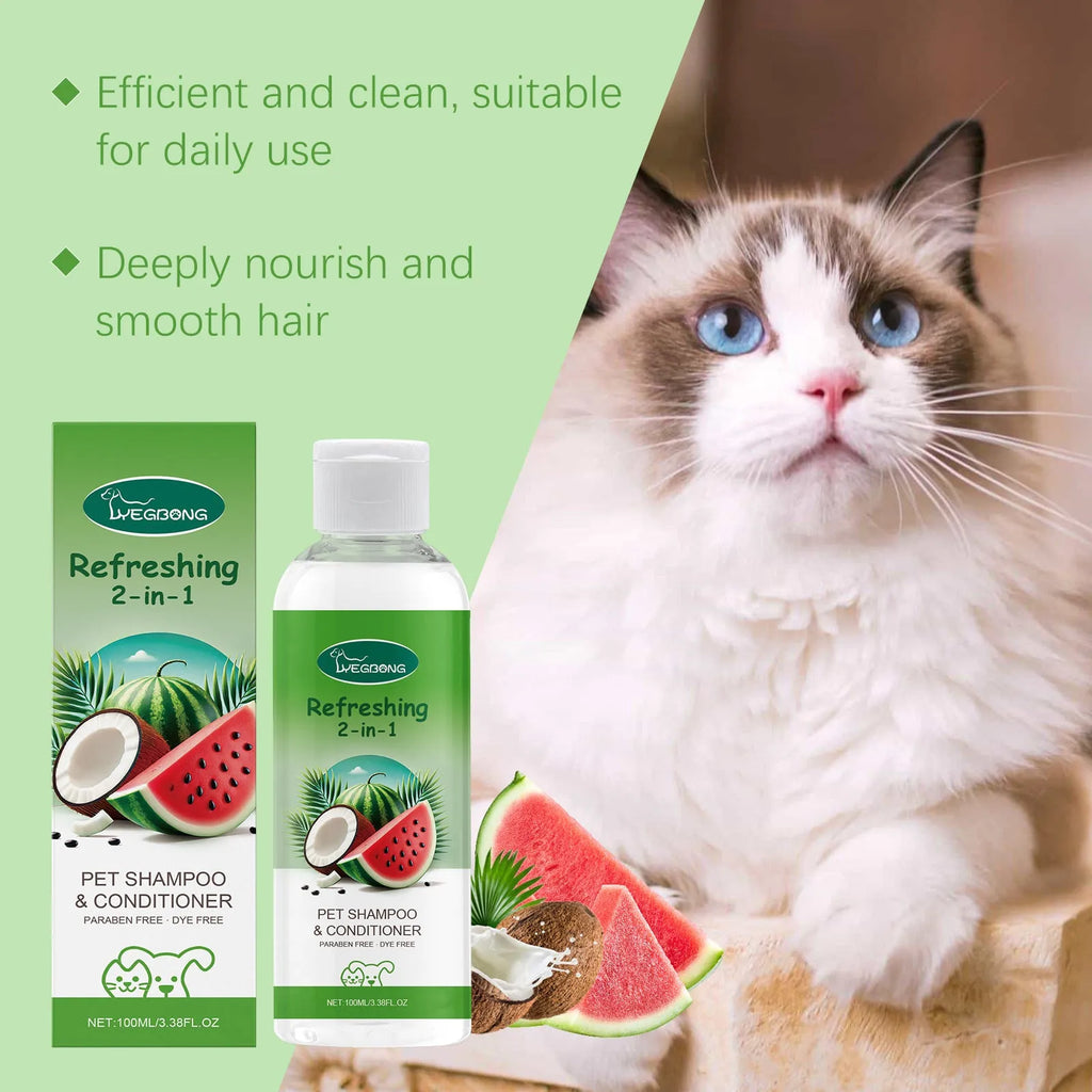 100ml bottle of 2-in-1 pet shampoo and fragrance shower gel with watermelon and coconut scent.
