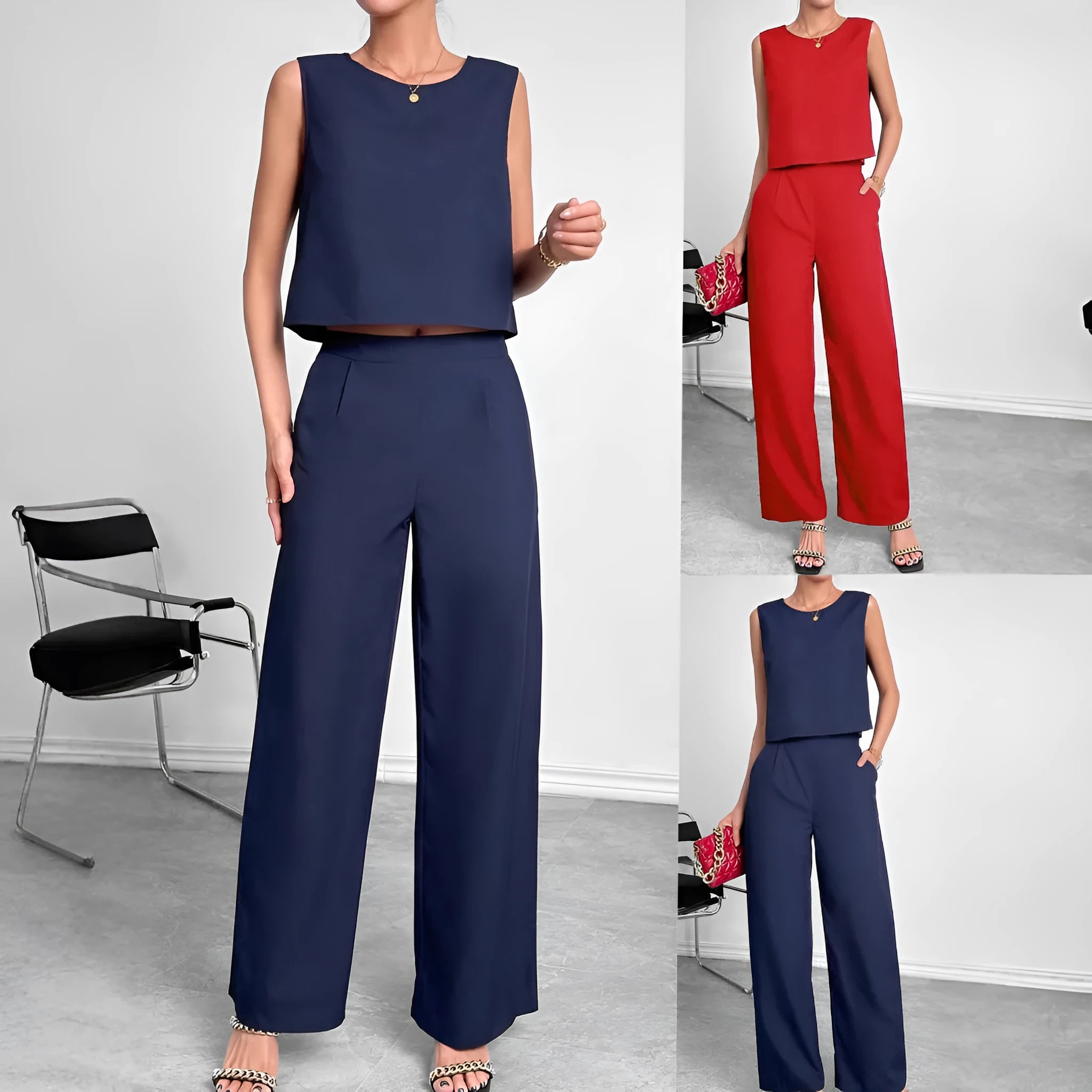 Women's red polyester two-piece set with sleeveless round-neck top and wide-leg trousers laid flat.