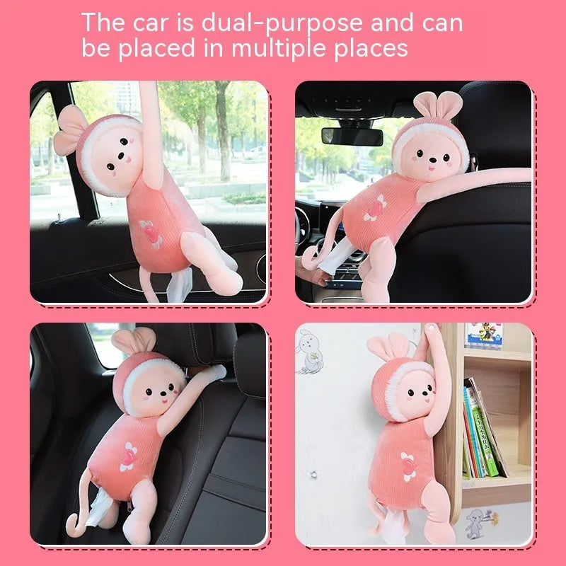 Plush car seat tissue holder with strap attached to vehicle seat back in animal design