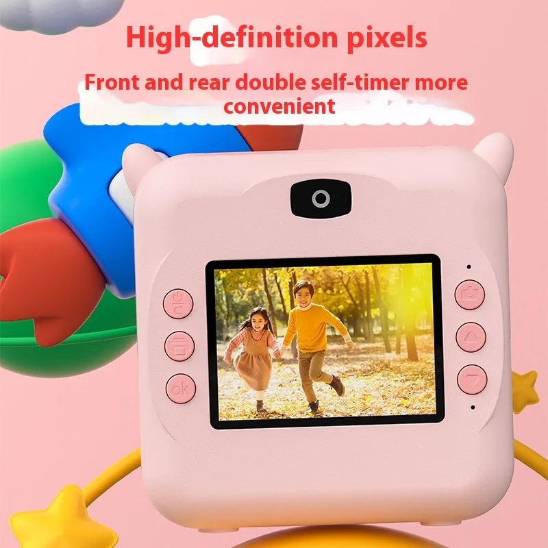 Portable thermal printing camera in pink and blue with ABS body and compact dimensions 102.5 x 59.07 x 79.43 mm