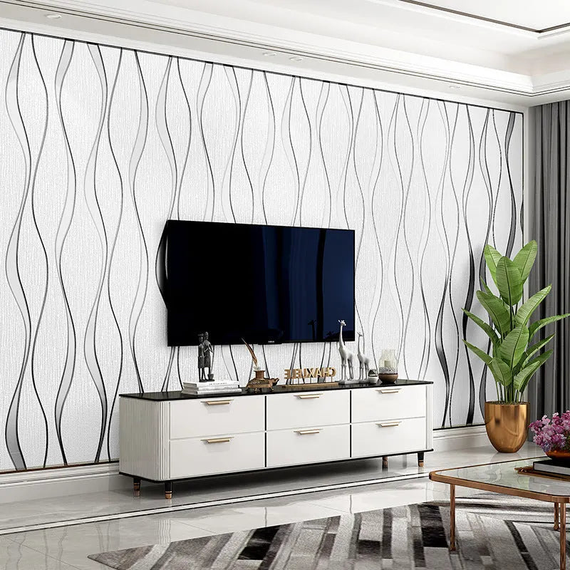 Close-up of dark brown curve stripe 3D wallpaper with a textured velvet surface.