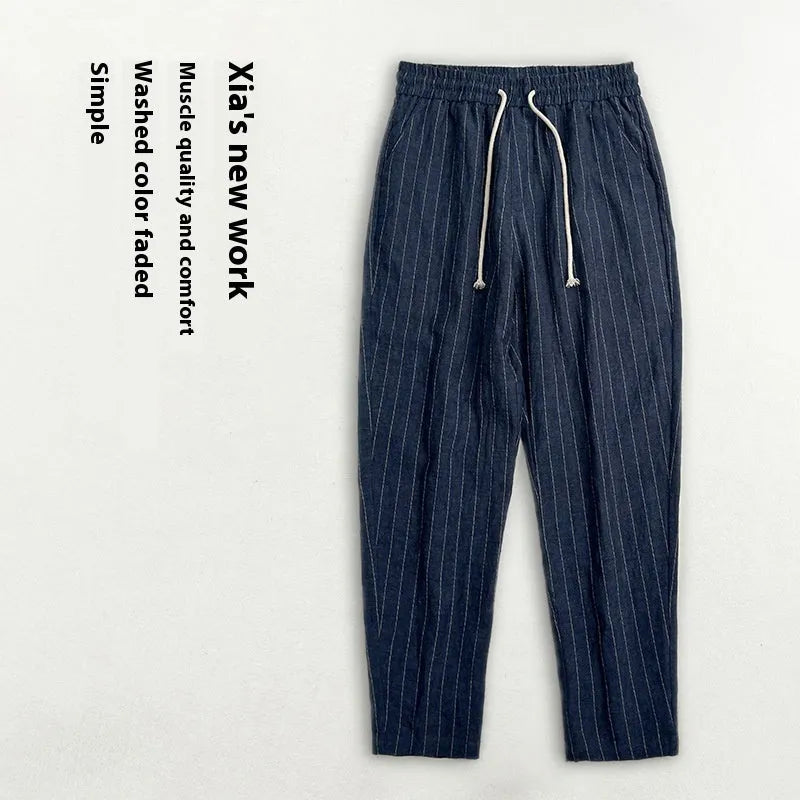 Men's striped cotton linen cropped summer casual pants in multiple colour variations