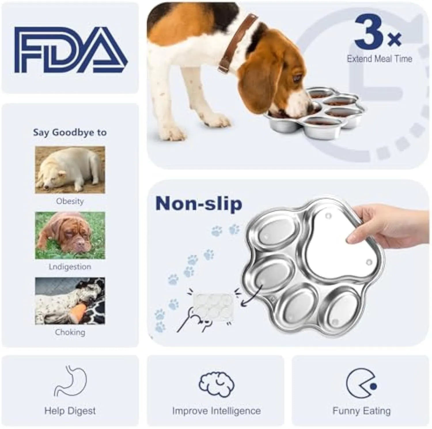 Silver stainless steel slow feeder dog bowl with raised ridges for slowing eating, 2 cup capacity, non-slip base, on a light background