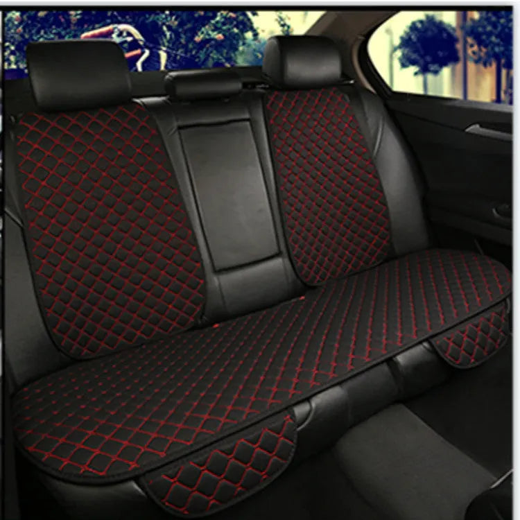 Linen car seat cushion with removable elastic straps shown in multiple colour options including warm cream, coffee, and Lafite red