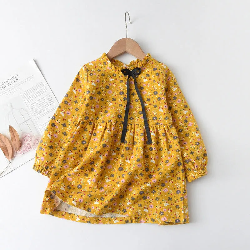 Little floral cotton girls ribbon bowknot dress in princess style with long sleeves available in multiple colours