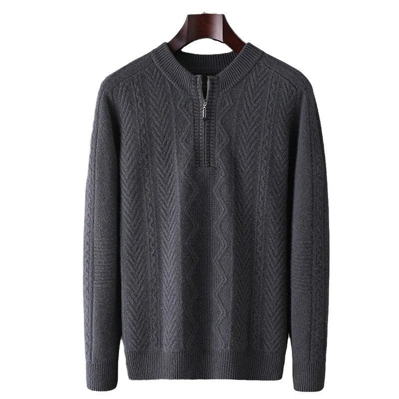 Men's grey diamond pattern wool half-zip sweater loose fit long sleeve
