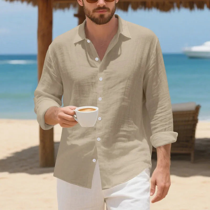 Linen casual shirt in a loose American fit on a hanger, shown in an earthy yellow colour.