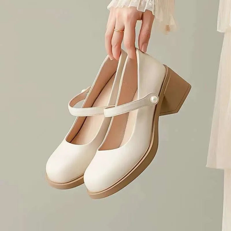 Women's PU leather loafers with short stout heel, round toe, in beige colour, solid colour design